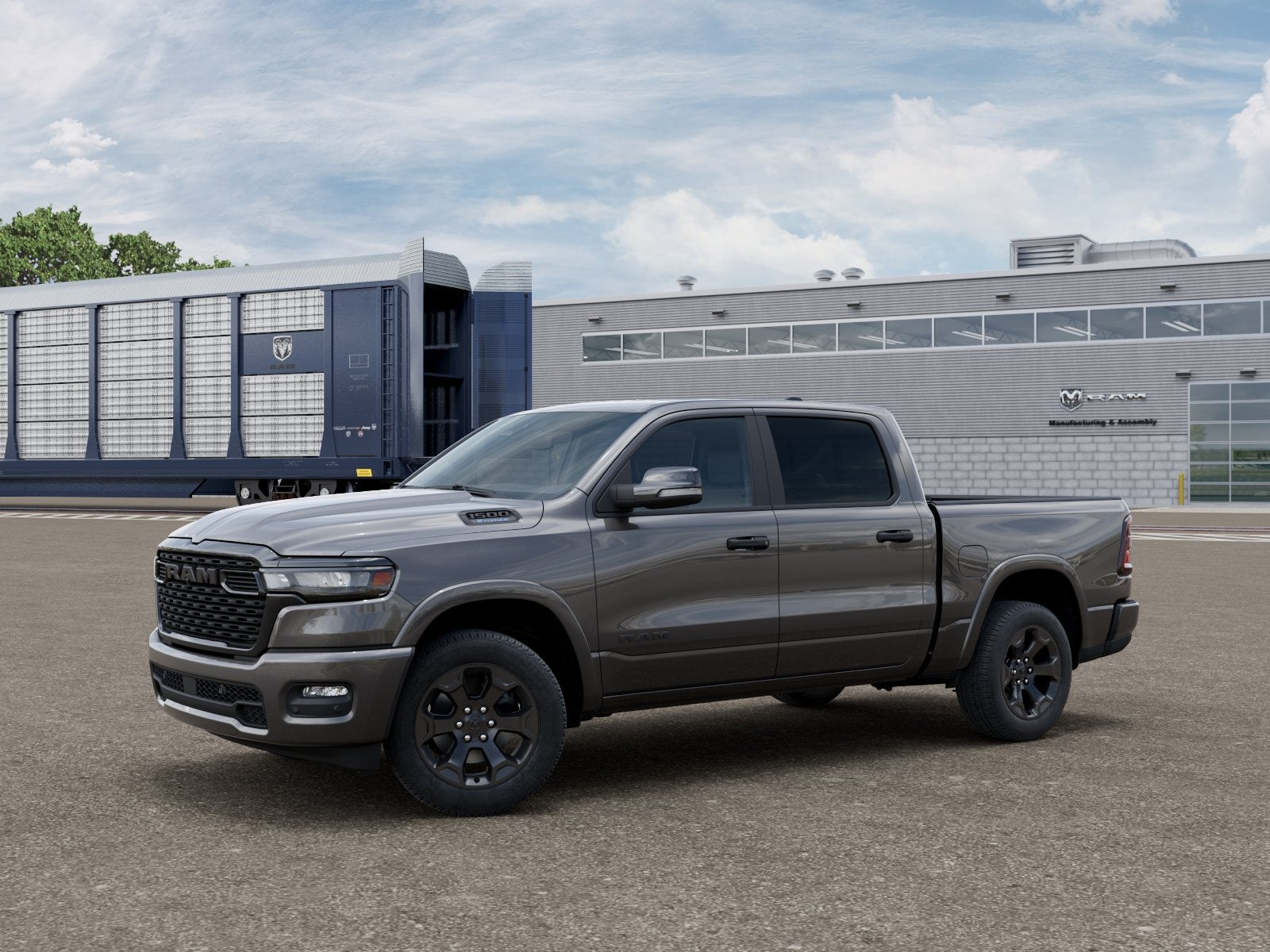2026 RAM Ram 1500 RAM 1500 BIG HORN CREW CAB 4X4 5'7' BOX in Granite Crystal Metallic Clear-Coat Exterior Paint — front three-quarter view