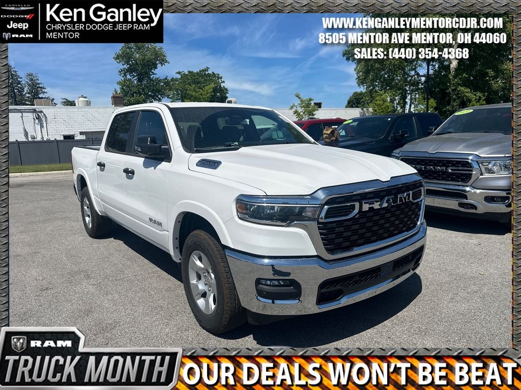 2026 RAM Ram 1500 RAM 1500 BIG HORN CREW CAB 4X4 5'7' BOX in Bright White Clear-Coat Exterior Paint — front three-quarter view
