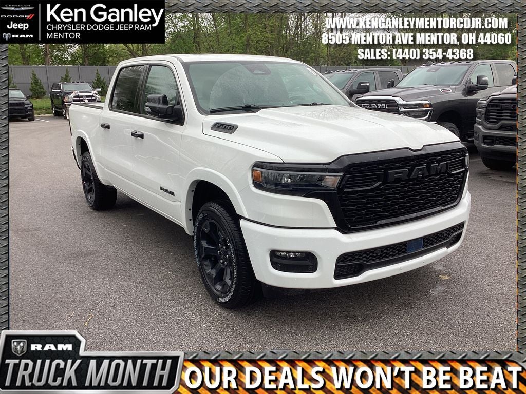 2026 RAM Ram 1500 RAM 1500 BIG HORN CREW CAB 4X4 5'7' BOX in Bright White Clear-Coat Exterior Paint — front three-quarter view