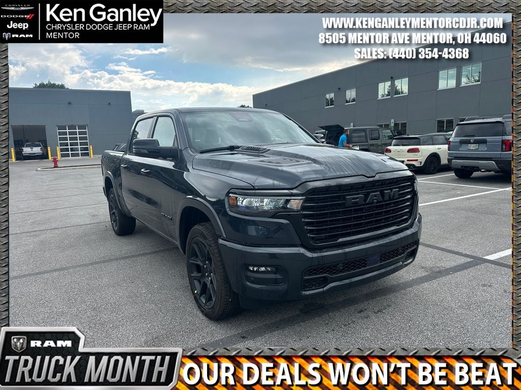 2026 RAM Ram 1500 RAM 1500 LARAMIE CREW CAB 4X4 5'7' BOX in Forged Blue Metallic Exterior Paint — front three-quarter view
