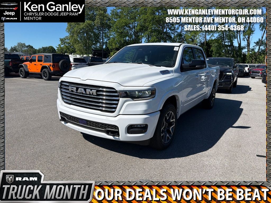 2026 RAM Ram 1500 RAM 1500 LARAMIE CREW CAB 4X4 5'7' BOX in Bright White Clear-Coat Exterior Paint — front three-quarter view