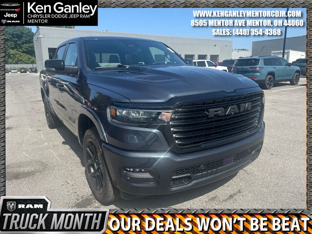 2026 RAM Ram 1500 RAM 1500 LARAMIE CREW CAB 4X4 5'7' BOX in Forged Blue Metallic Exterior Paint — front three-quarter view