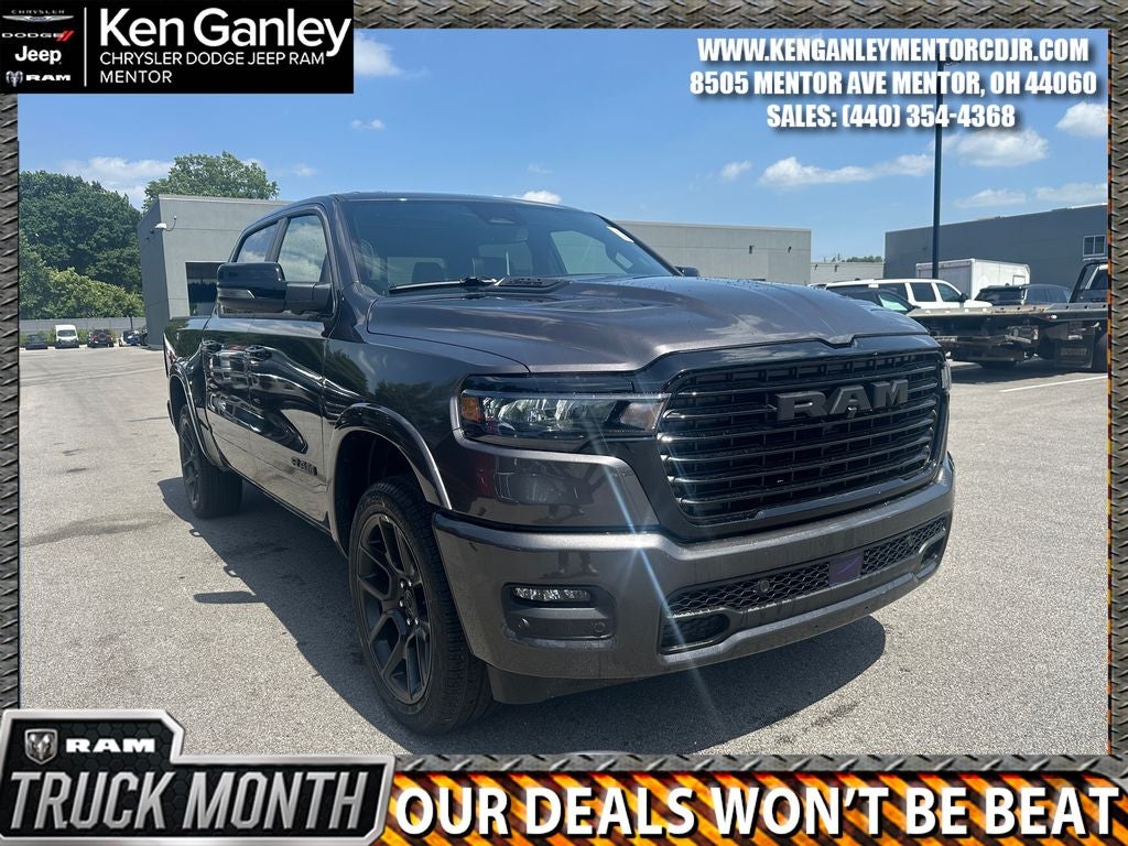 2026 RAM Ram 1500 RAM 1500 LARAMIE CREW CAB 4X4 5'7' BOX in Granite Crystal Metallic Clear-Coat Exterior Paint — front three-quarter view