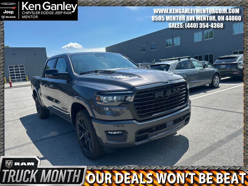 2026 RAM Ram 1500 RAM 1500 LARAMIE CREW CAB 4X4 5'7' BOX in Granite Crystal Metallic Clear-Coat Exterior Paint — front three-quarter view