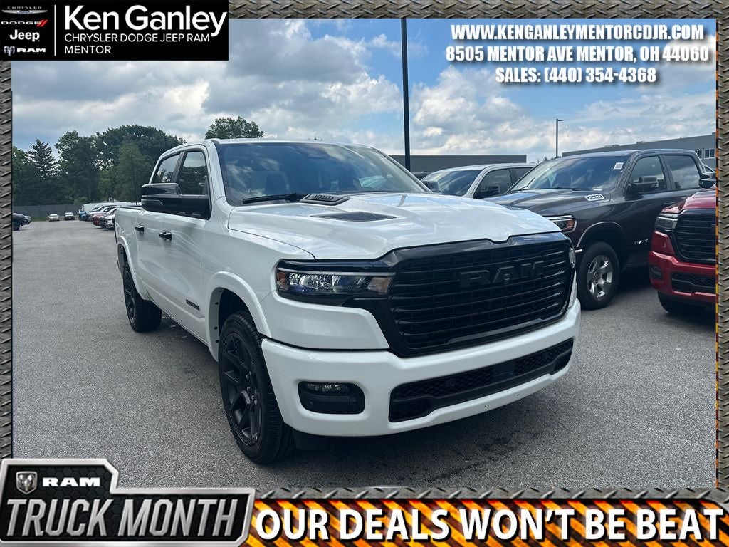 2026 RAM Ram 1500 RAM 1500 LARAMIE CREW CAB 4X4 5'7' BOX in Bright White Clear-Coat Exterior Paint — front three-quarter view