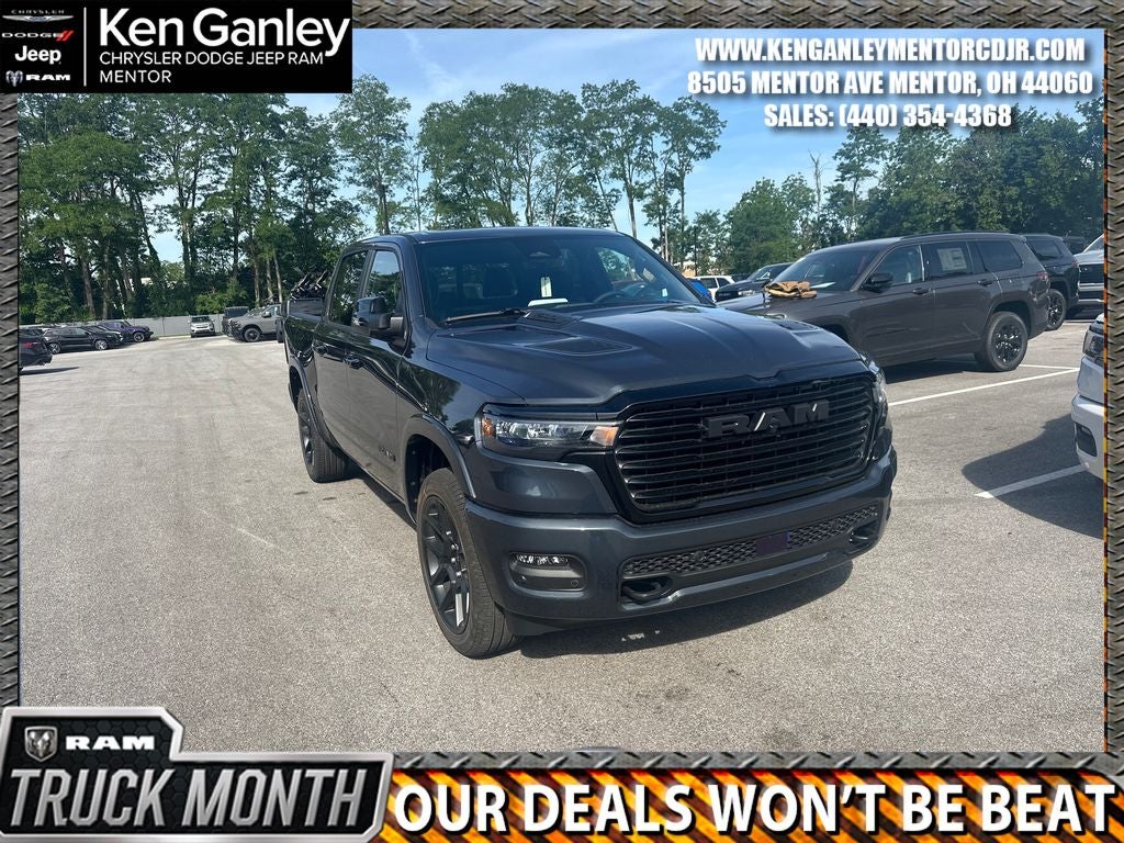 2026 RAM Ram 1500 RAM 1500 LARAMIE CREW CAB 4X4 5'7' BOX in Forged Blue Metallic Exterior Paint — front three-quarter view