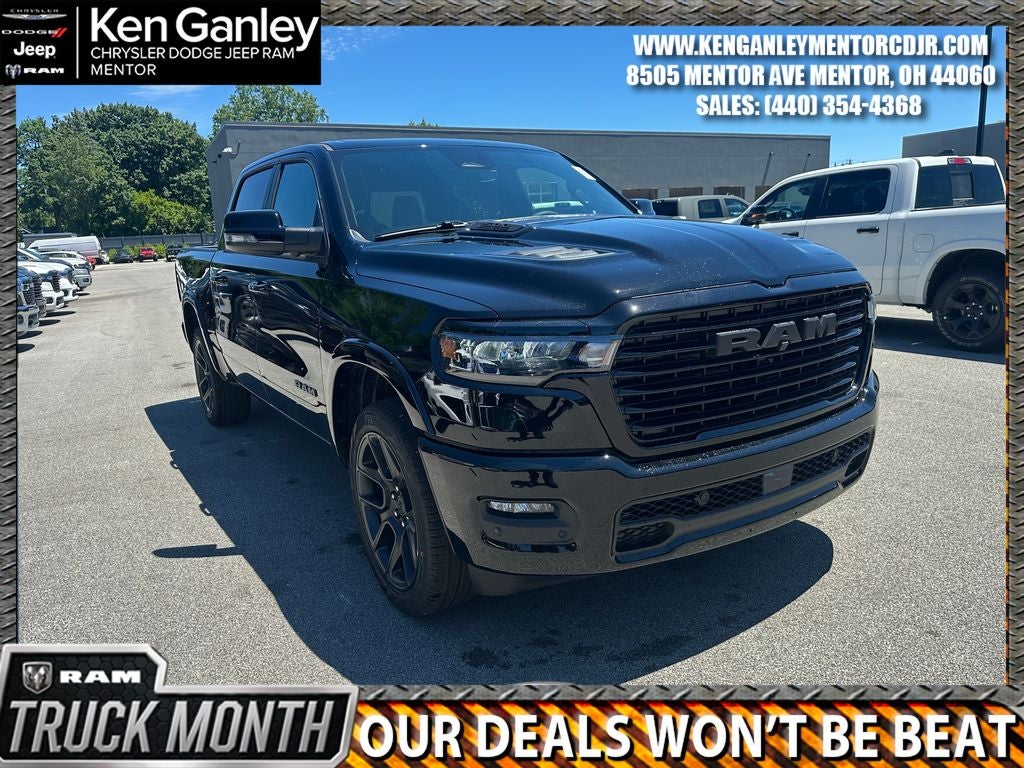 2026 RAM Ram 1500 RAM 1500 LARAMIE CREW CAB 4X4 5'7' BOX in Diamond Black Crystal Pearl-Coat Exterior Paint — front three-quarter view