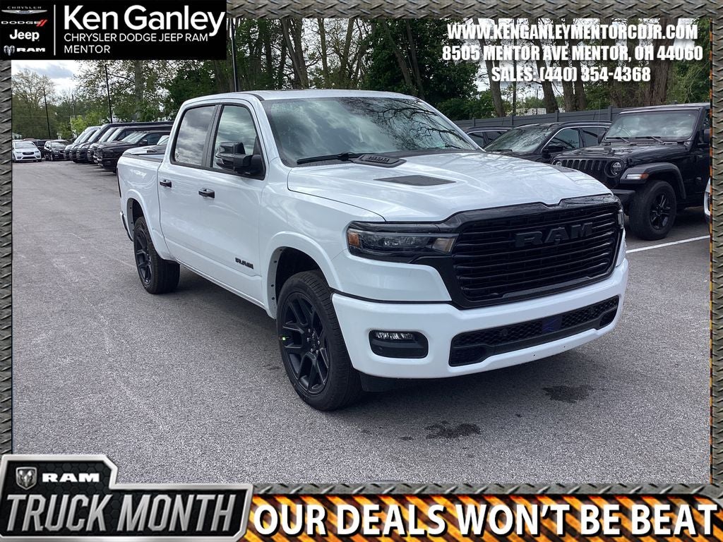 2026 RAM Ram 1500 RAM 1500 LARAMIE CREW CAB 4X4 5'7' BOX in Bright White Clear-Coat Exterior Paint — front three-quarter view