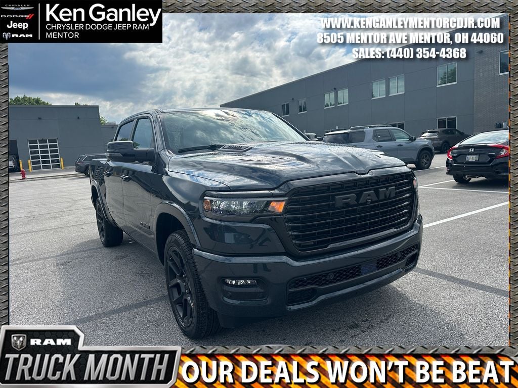 2026 RAM Ram 1500 RAM 1500 LARAMIE CREW CAB 4X4 5'7' BOX in Forged Blue Metallic Exterior Paint — front three-quarter view