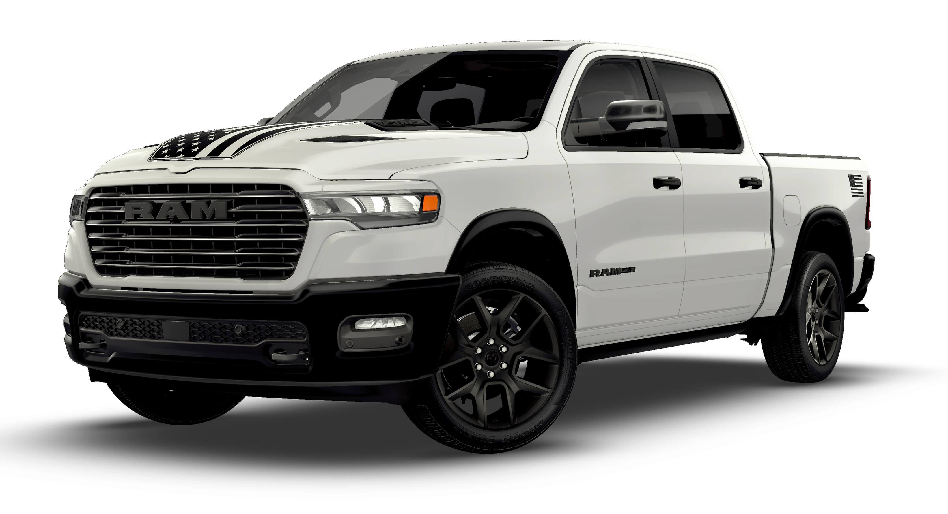 2026 RAM Ram 1500 RAM 1500 LARAMIE CREW CAB 4X4 5'7' BOX in Bright White Clear-Coat Exterior Paint — front three-quarter view