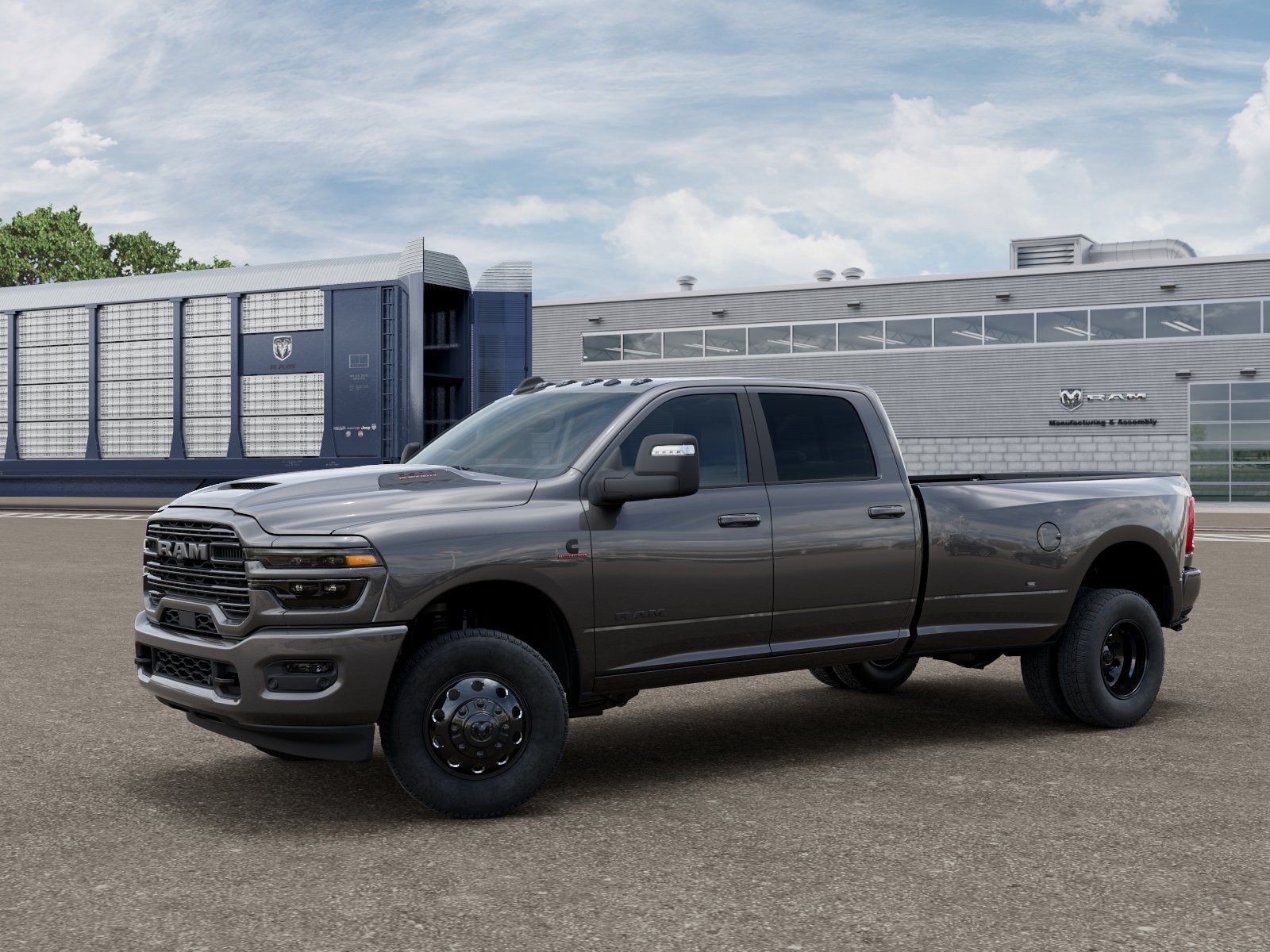 2026 RAM Ram 3500 RAM 3500 LARAMIE CREW CAB 4X4 8' BOX in Granite Crystal Metallic Clear-Coat Exterior Paint — front three-quarter view