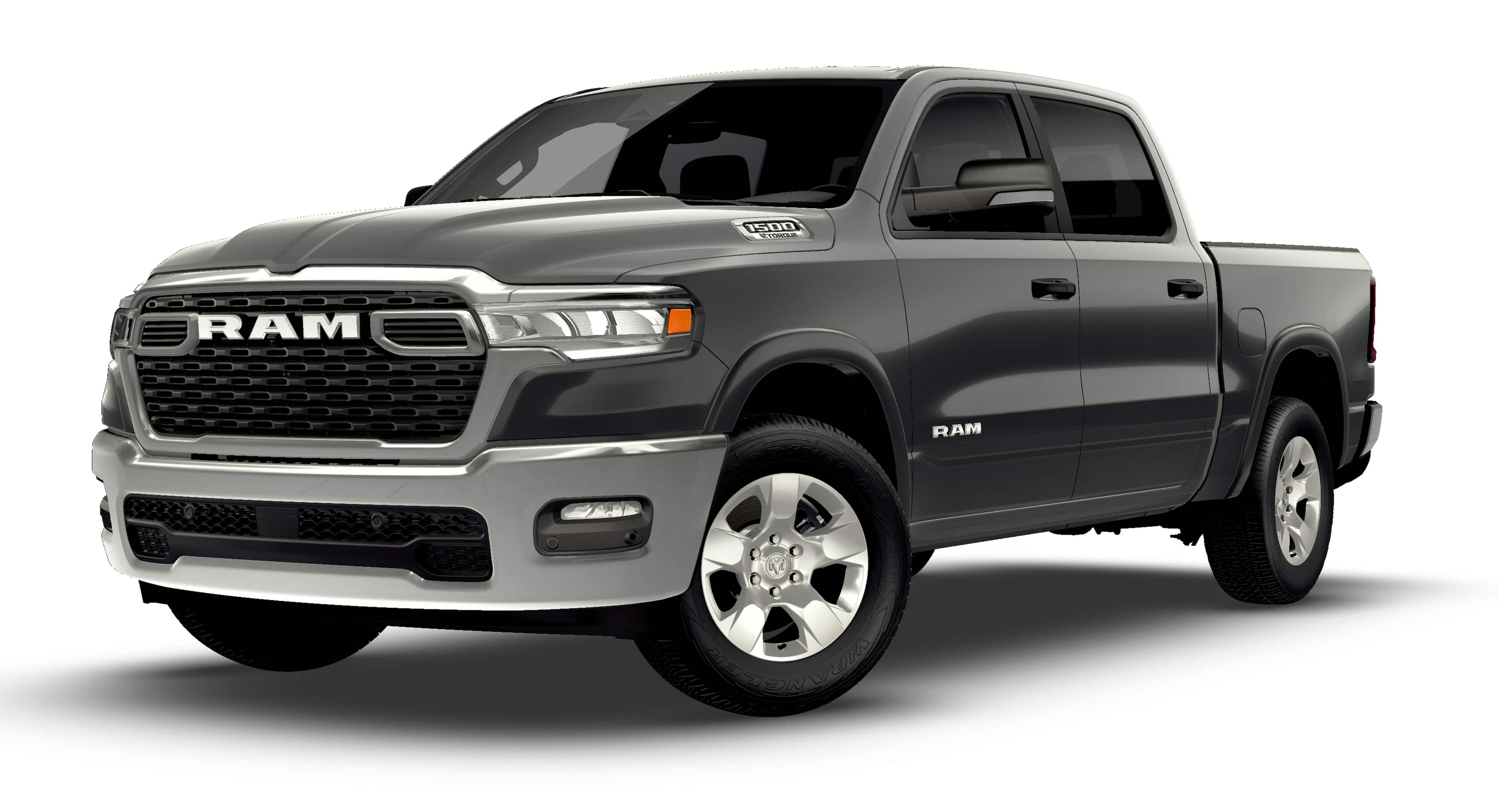 2026 RAM Ram 1500 RAM 1500 BIG HORN CREW CAB 4X4 5'7' BOX in Granite Crystal Metallic Clear-Coat Exterior Paint — front three-quarter view