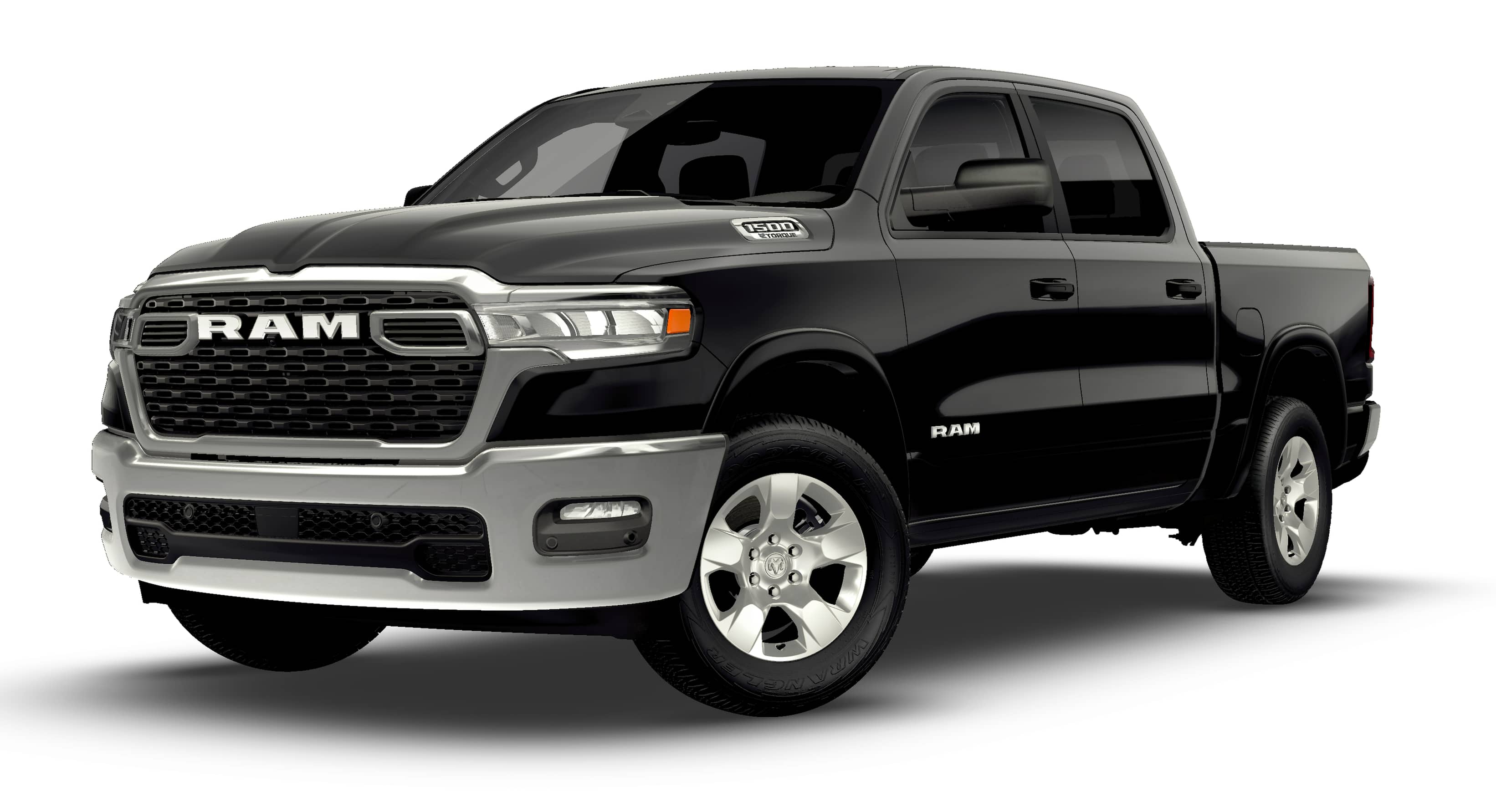 2026 RAM Ram 1500 RAM 1500 BIG HORN CREW CAB 4X4 5'7' BOX in Diamond Black Crystal Pearl-Coat Exterior Paint — front three-quarter view