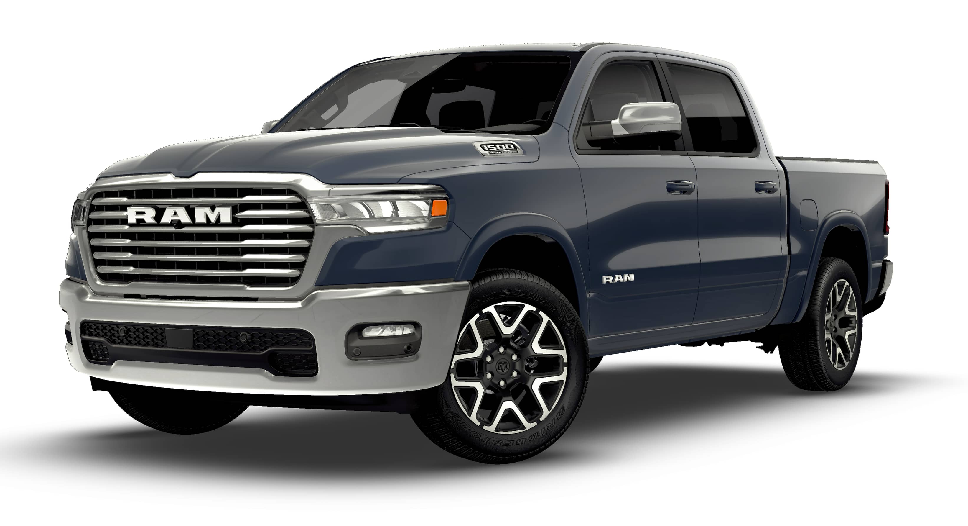 2026 RAM Ram 1500 RAM 1500 LARAMIE CREW CAB 4X4 5'7' BOX in Forged Blue Metallic Exterior Paint — front three-quarter view
