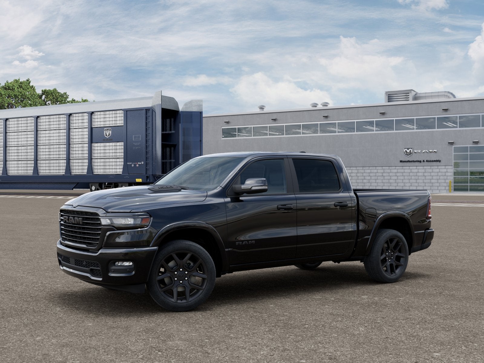 2026 RAM Ram 1500 RAM 1500 LARAMIE CREW CAB 4X4 5'7' BOX in Diamond Black Crystal Pearl-Coat Exterior Paint — front three-quarter view