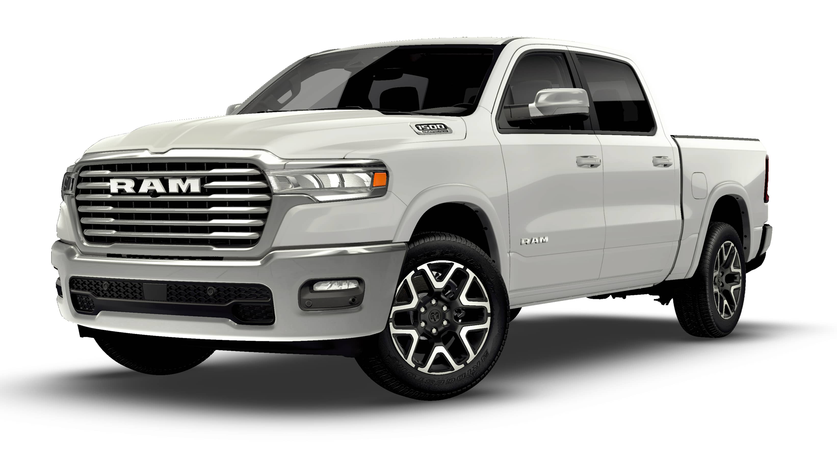 2026 RAM Ram 1500 RAM 1500 LARAMIE CREW CAB 4X4 5'7' BOX in Bright White Clear-Coat Exterior Paint — front three-quarter view
