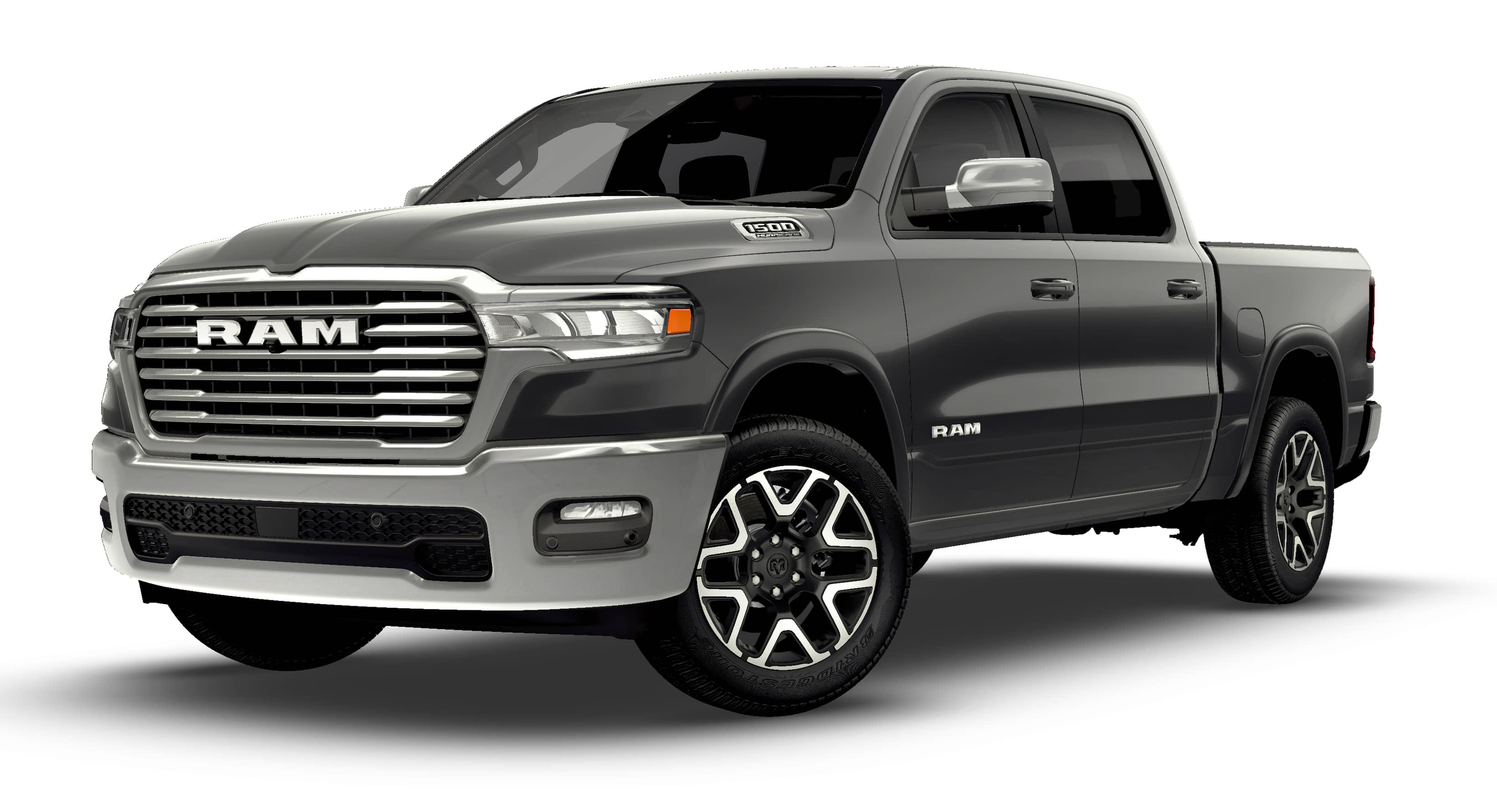 2026 RAM Ram 1500 RAM 1500 LARAMIE CREW CAB 4X4 5'7' BOX in Granite Crystal Metallic Clear-Coat Exterior Paint — front three-quarter view