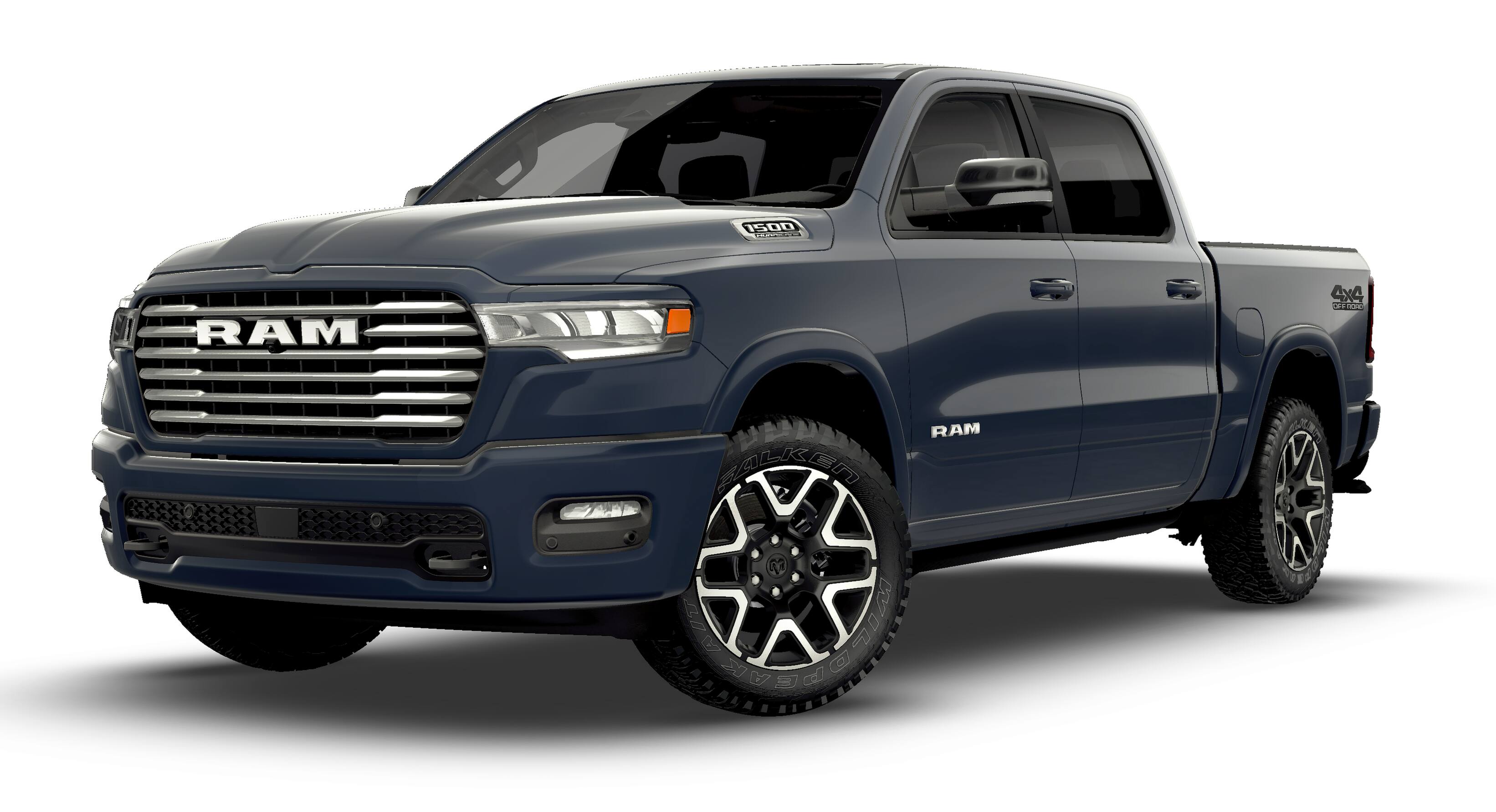 2026 RAM Ram 1500 RAM 1500 LARAMIE CREW CAB 4X4 5'7' BOX in Forged Blue Metallic Exterior Paint — front three-quarter view